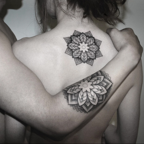 Twin Flame Tattoos of mandalas on arm and back