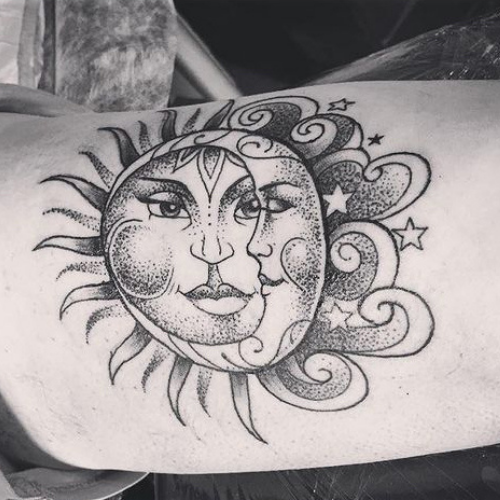 Twin Flame Tattoos sun and moon with cloud and stars