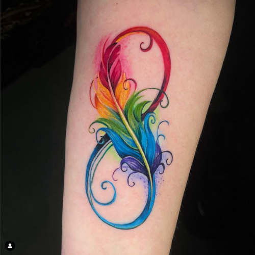 Another good one from today  Watercolor feather infinity with birds had a  lot of fun doing this onemy clients fi  Feather tattoos Tattoos Infinity  tattoos