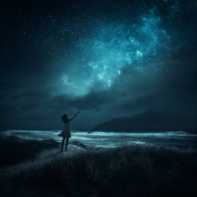 Image 1 woman making a wish to the starry sky